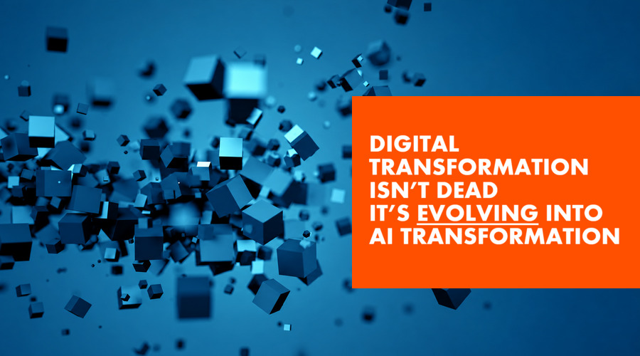 Relentica - Digital Transformation is evolving into AI transformation - over blue cubs transforming and exploding out