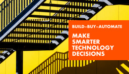 Relentica - Build, Buy, Automate - Make Smarter Technology Decisions - text over black metal steps against a yellow wall