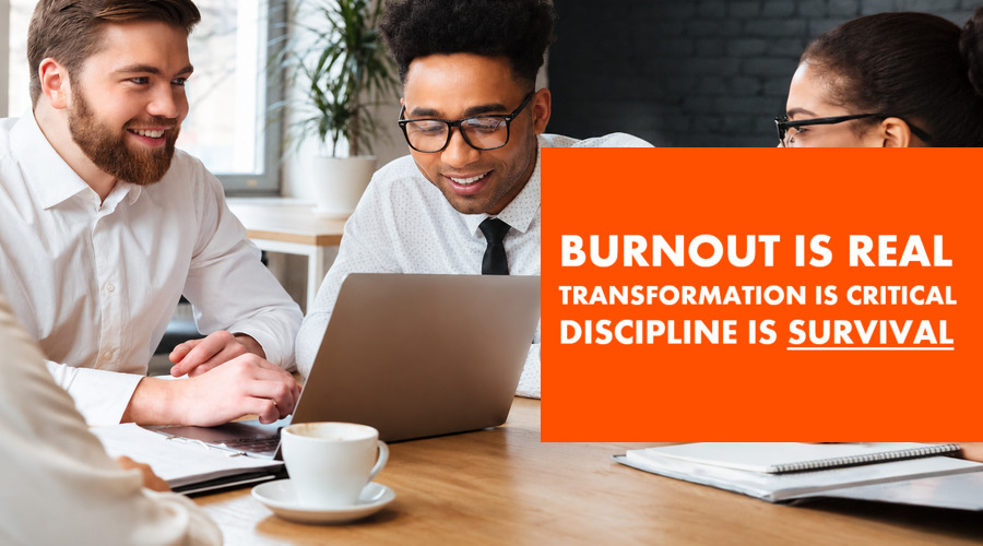 People talking in an office. Burnout is real. Discipline is survival text over the top.