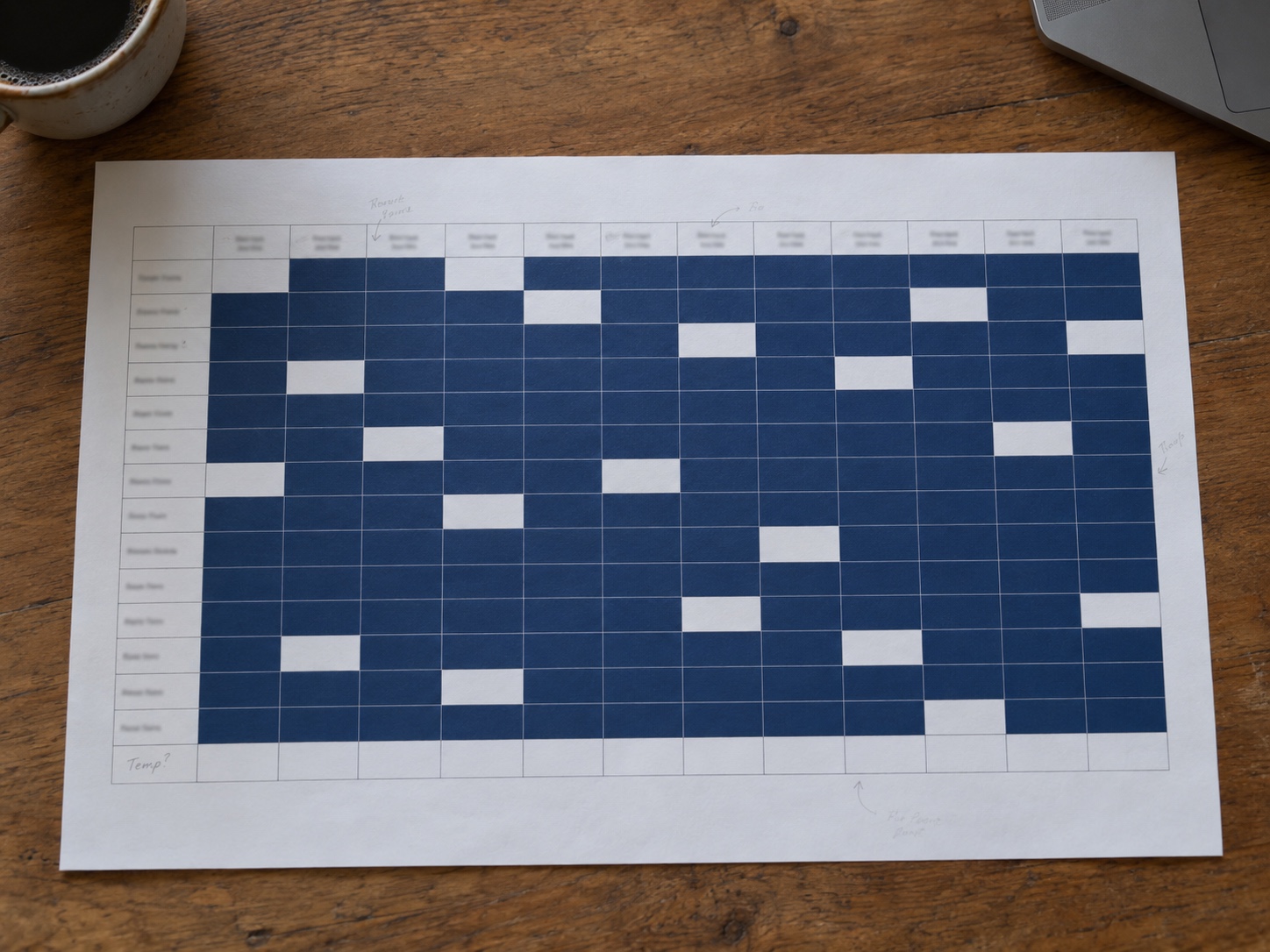 Printed team resourcing plan with most weeks fully booked and an empty row at the bottom