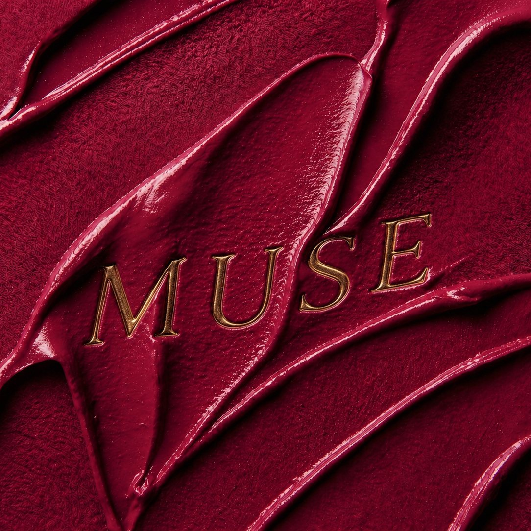 MUSE key visual: the MUSE name pressed into deep red lipstick texture, AI concept work