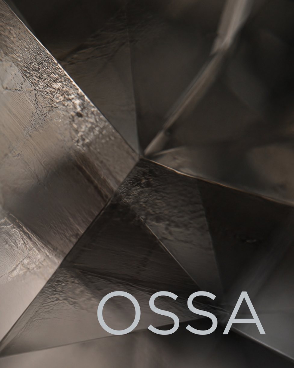 OSSA key visual: the facets of a smoky quartz stone in extreme close-up, with the OSSA name, AI concept work