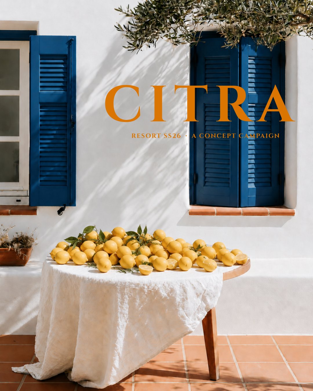 CITRA key visual: lemons on a linen table by a whitewashed wall and blue shutters, with its lettering, AI concept work