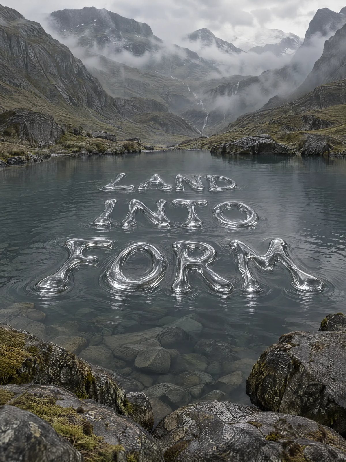 LAND INTO FORM key visual: the name in liquid chrome lettering on a still mountain lake in the Highlands, AI concept work