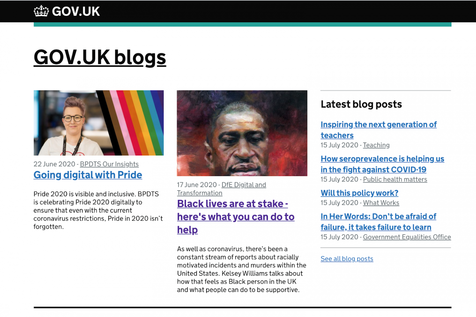 A screen shot of Kelsey Williams blog post for DfE Digital on the GOV.UK blog page