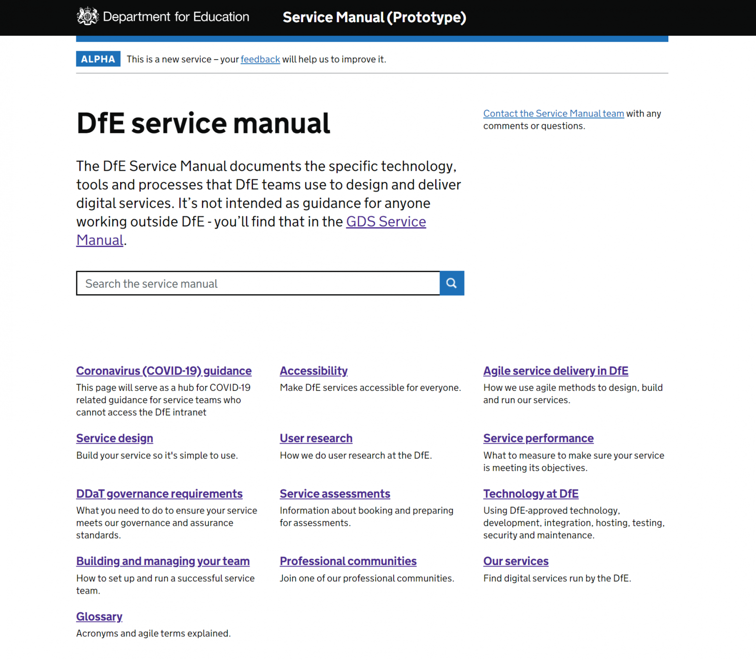 Screenshot of the service manual prototype on the Department for Education webpage