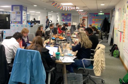 Group of people sitting around a table working with lots of agile walls in the background