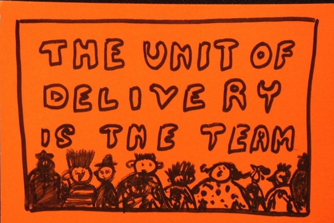 A black drawing on an orange background. Text reads &#39;The unit of delivery is the team&#39; with some illustrations of different people underneath.