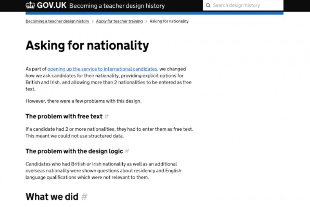 The GOV.UK 'asking for nationality' page on the 'Apply for teaching' design history.