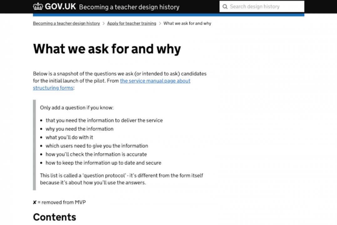 The 'what we ask for and why' page on the GOV.UK 'Becoming a teacher' design history for the 'Apply for teacher training' service. 