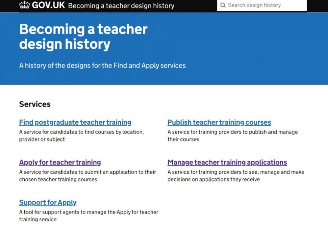 &#39;Becoming a teacher&#39; design history homepage on GOV.UK.