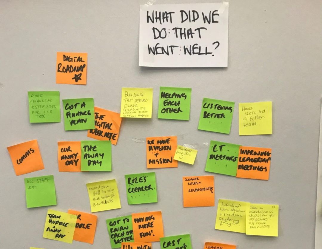 Wall with post-its on grouped under the heading, 'What did we do that went well?'